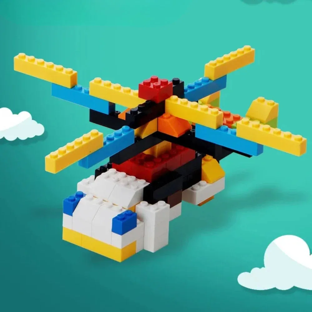 Arindolê Brinquedos Helicóptero construído com Blocos de Montar sobre um fundo azul