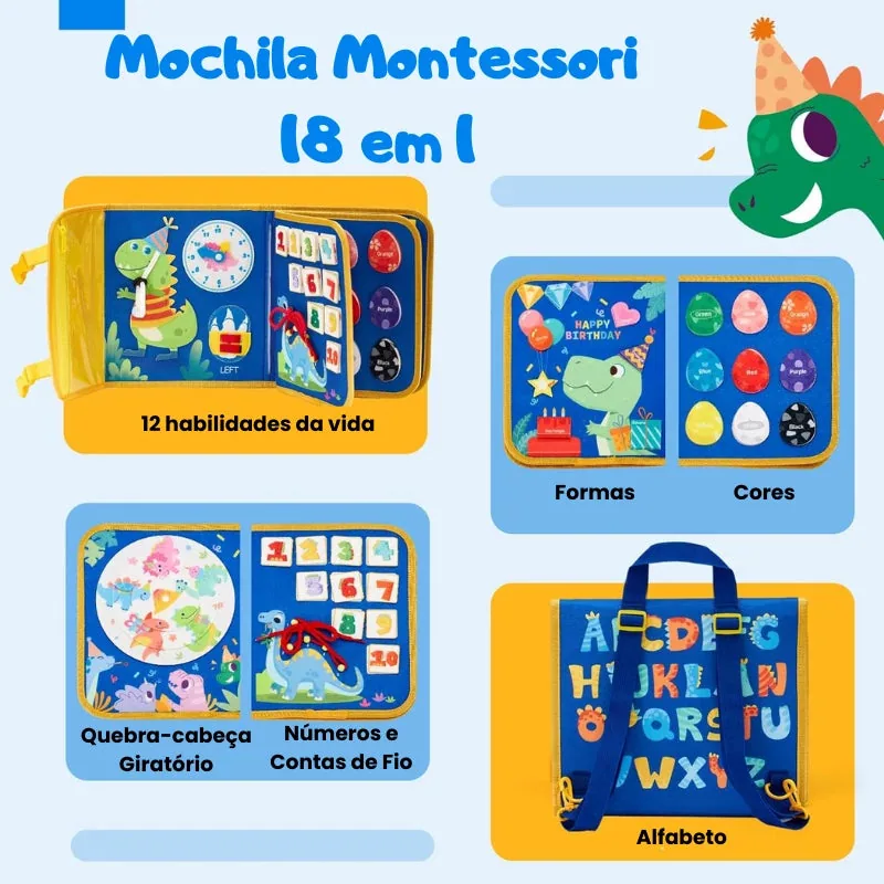 Mochila sensorial Montessori com 18 atividades educativas para crianças versão dinossauro