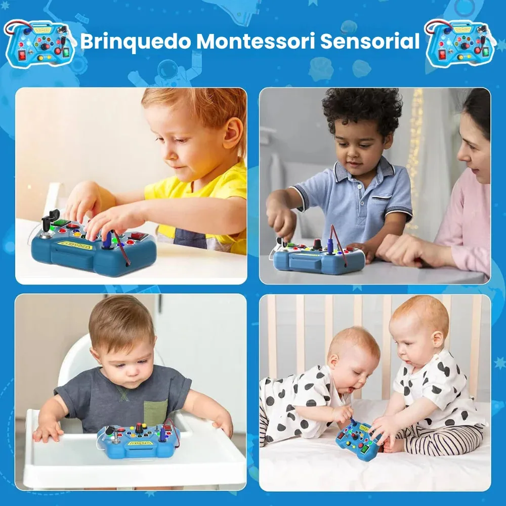 Crianças explorando Brinquedo Educativo Montessori com luzes LED e interruptores para aprendizado sensorial