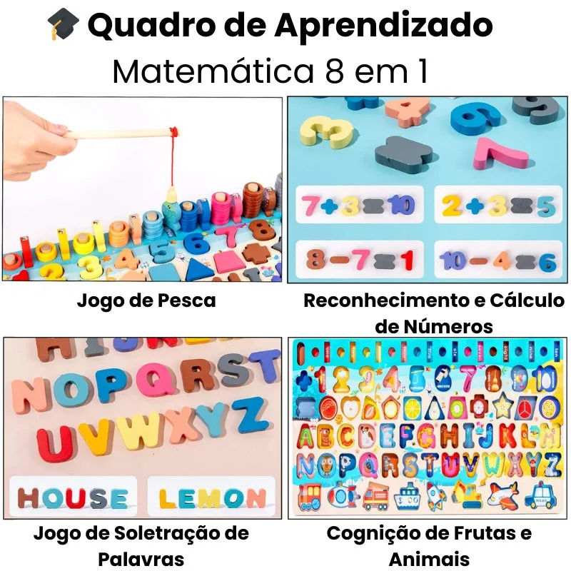 Arindolê Brinquedos Brinquedo de Madeira educativo com jogos de pesca, cálculo, soletração e reconhecimento de formas
