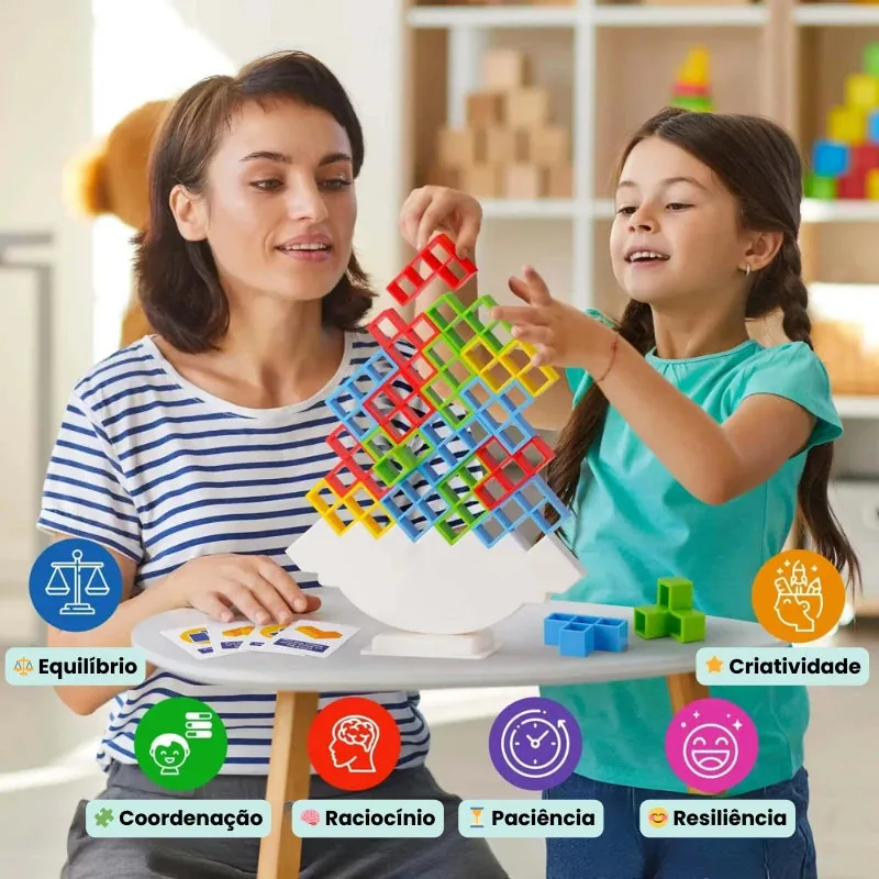 Arindolê Brinquedos Mãe e filha brincando com Brinquedo Educativo Jogo de Equilíbrio, desenvolvendo raciocínio, paciência e criatividade