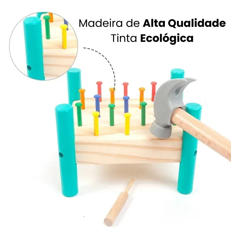 Arindolê Brinquedos Brinquedo de Madeira Montessori com martelo e pregos coloridos destacando tinta ecológica e alta qualidade