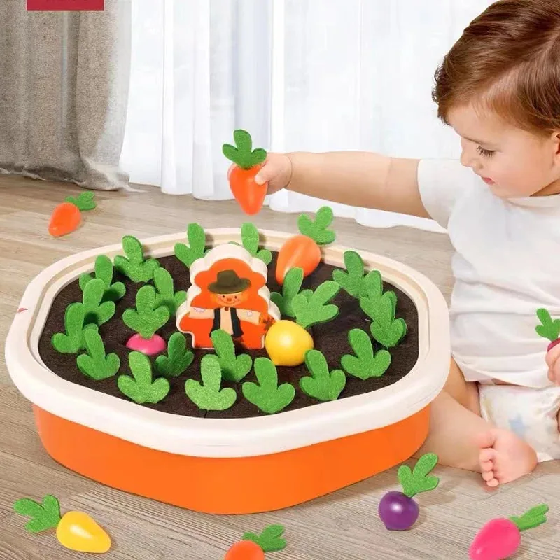 Arindolê Brinquedos Criança brincando com Brinquedo Montessori Educativo de cenouras para desenvolvimento motor e aprendizado interativo