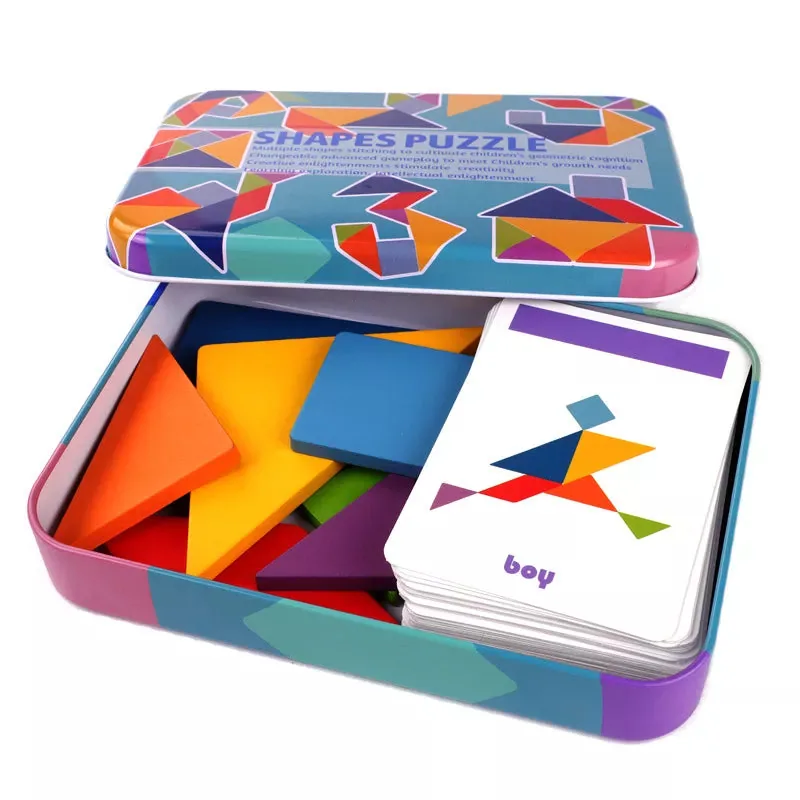Jogo educativo Tangram Colorido em caixa metálica com peças e cards para criatividade infantil