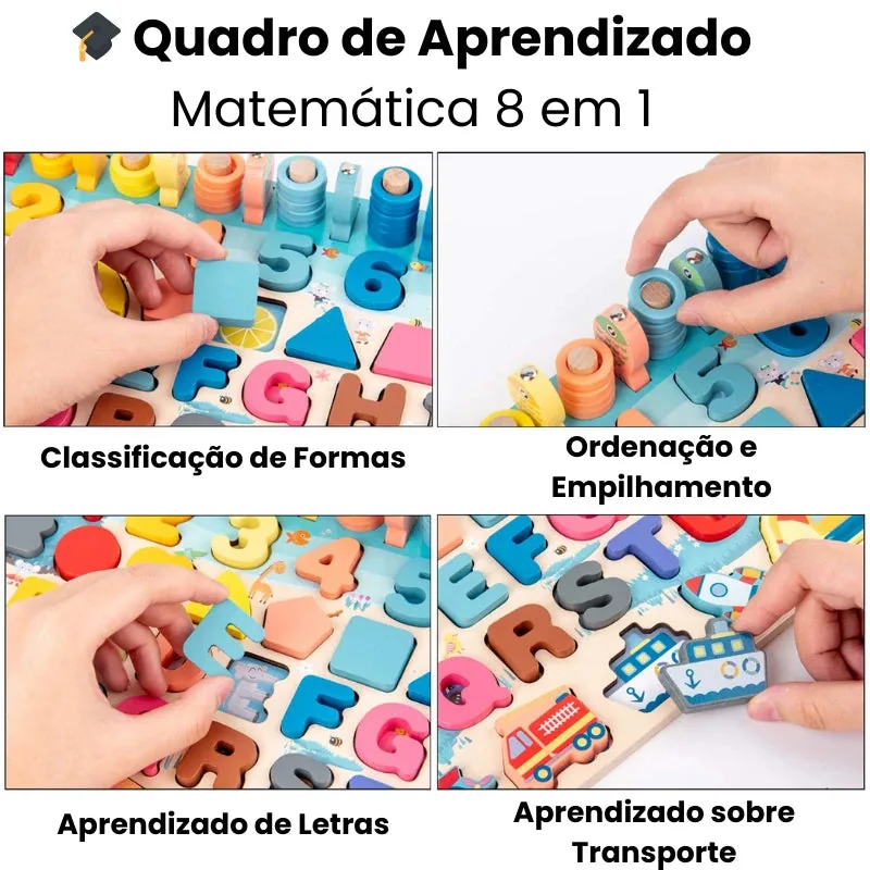 Arindolê Brinquedos Brinquedo de Madeira 8 em 1 com atividades educativas, como classificação de formas, empilhamento e aprendizado de letras e transportes